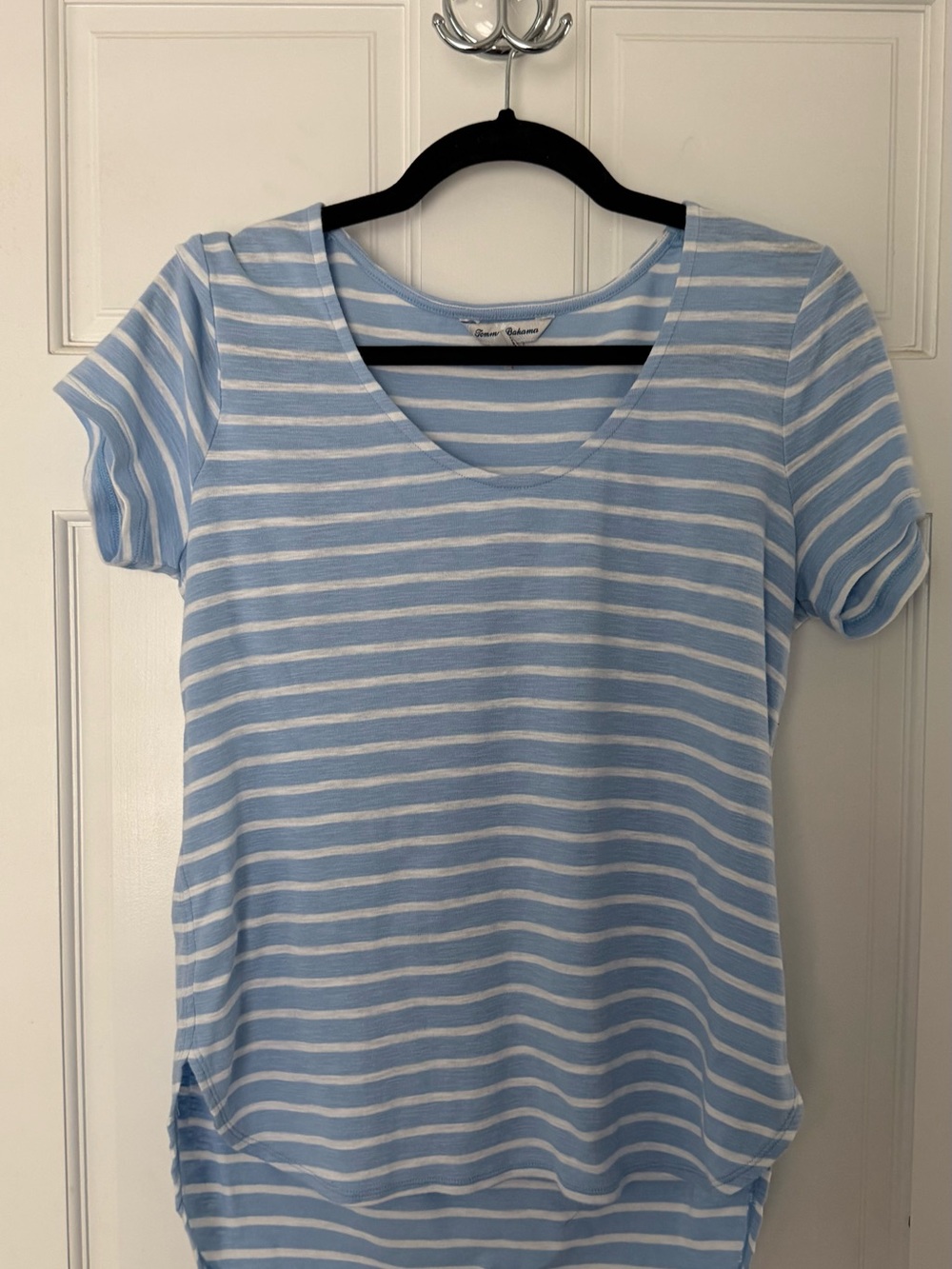 Tommy Bahama Blue and White Striped V-Neck Short Sleeve Tee